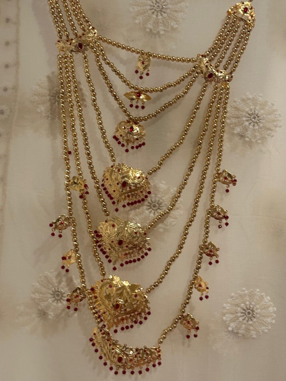 Traditional Gold-Tone Multi-Layer Necklace Set with Red Accents - Picture 4 of 16